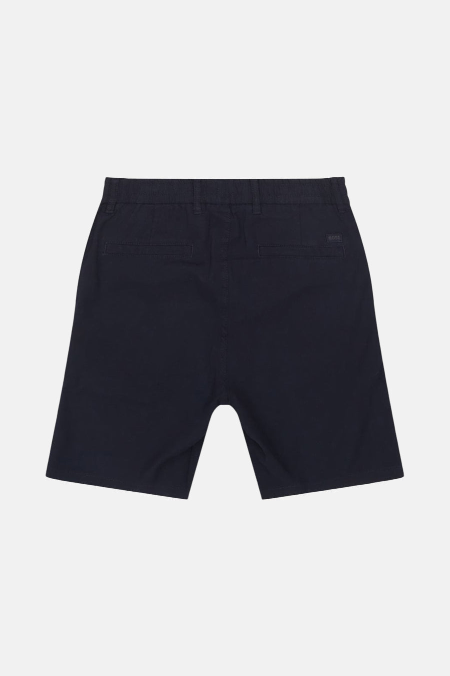 Blauwe short van HUGO BOSS ORANGE, met achterzakken en een elastische tailleband, vanuit de achterkant gezien.