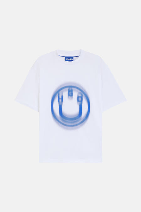 T-shirt blanc à manches courtes de HUGO avec imprimé smiley bleu sur l'avant.