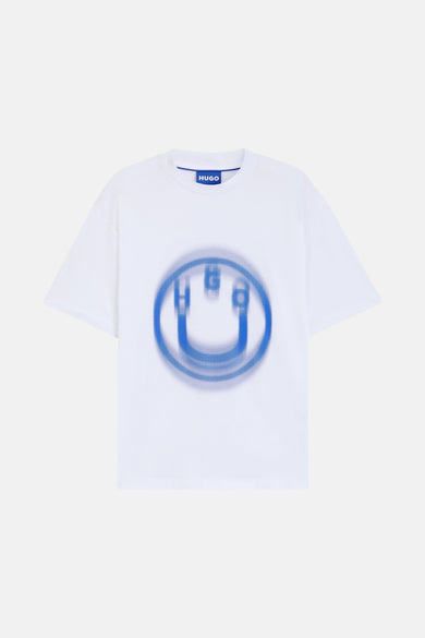 T-shirt blanc à manches courtes de HUGO avec imprimé smiley bleu sur l'avant.