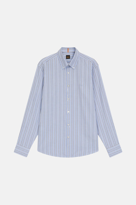 Blauw gestreept overhemd met lange mouwen van BOSS, met knoopsluiting en een button-down kraag.
