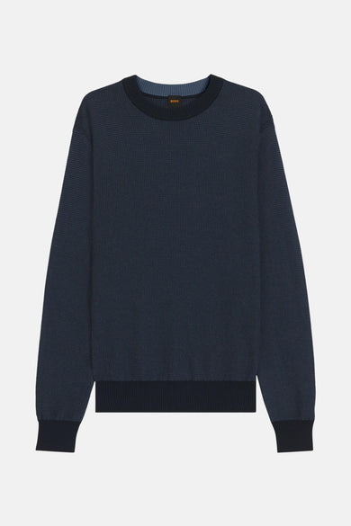 Blauwe trui met ronde hals van HUGO BOSS, met een subtiel patroon en donkere boorden.
