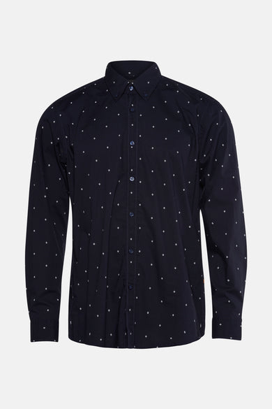 Chemise bleue à manches longues de HUGO BOSS ORANGE, avec un motif de carreaux blancs subtil sur toute la matière.