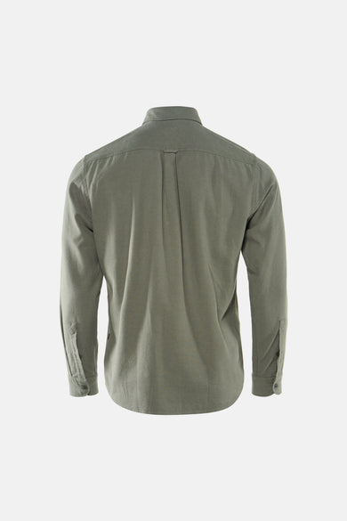 Chemise grise à manches longues HUGO BOSS ORANGE, vue de dos, avec plis et poignets boutonnés.