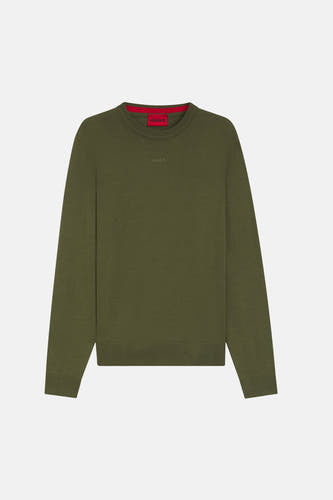 Groene trui met ronde hals van HUGO, met een rode accentkleur aan de binnenkant van de halslijn.