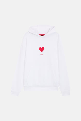Sweat à capuche blanc HUGO, avec un cœur rouge et une poche kangourou.