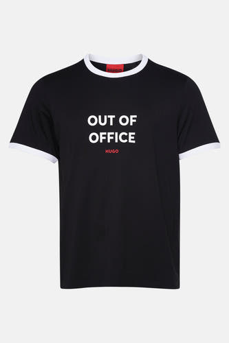 T-shirt noir à manches courtes de HUGO, avec une enceau ronde blanche et l'impression "Out of Office".