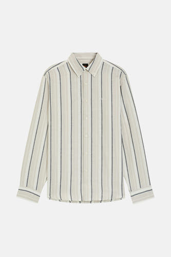 Beige overhemd met lange mouwen van HUGO BOSS ORANGE, gestreept met grijze accenten en een klassieke kraag.