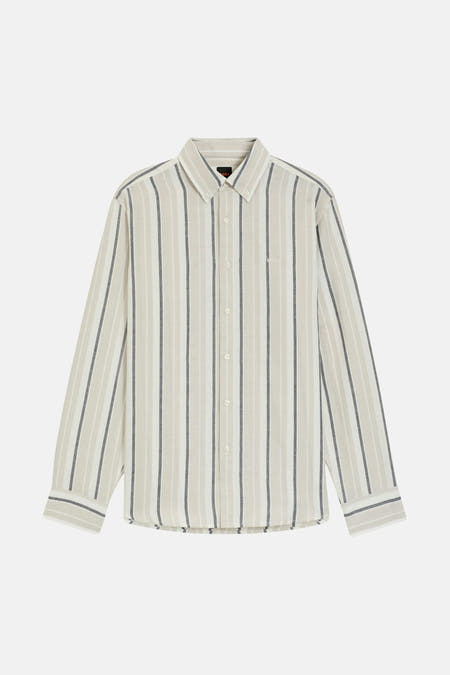 Beige overhemd met lange mouwen van HUGO BOSS ORANGE, gestreept met grijze accenten en een klassieke kraag.