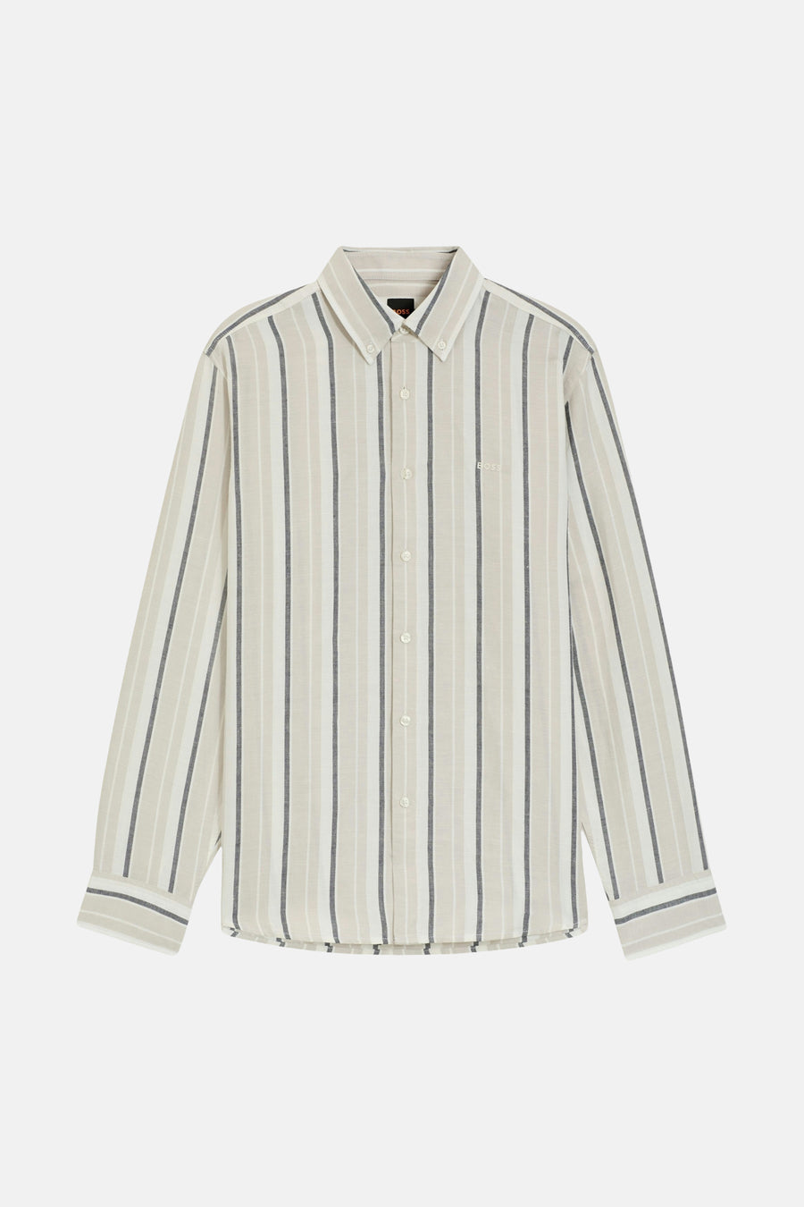 Beige overhemd met lange mouwen van HUGO BOSS ORANGE, gestreept met grijze accenten en een klassieke kraag.