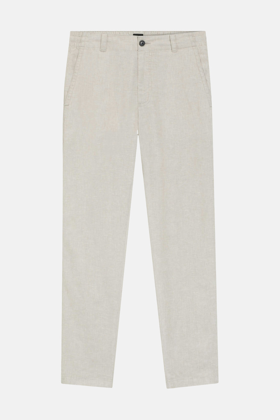 Chino en lin beige de HUGO BOSS ORANGE, gros plan avec fermeture à boutons, passants de ceinture et une poche latérale.
