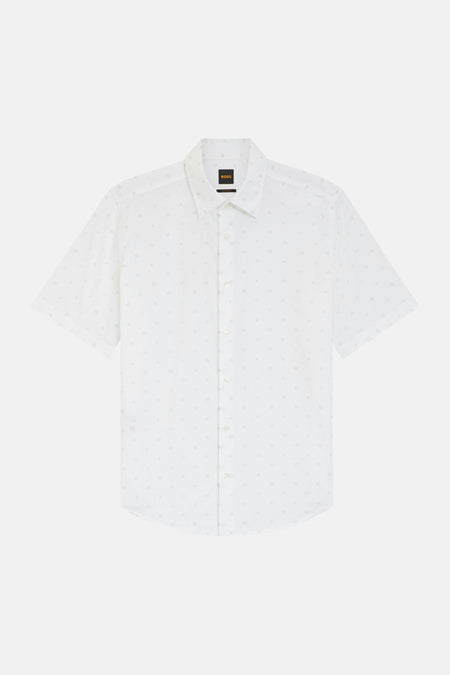 Wit overhemd met korte mouwen van HUGO BOSS ORANGE, voorzien van subtiele groene prints.