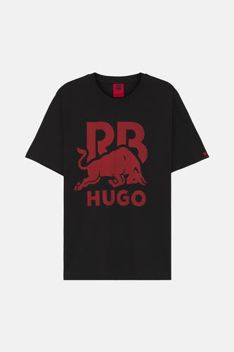 Zwart T-shirt met korte mouwen van HUGO, met een rood logo en een rode accent op de mouw.