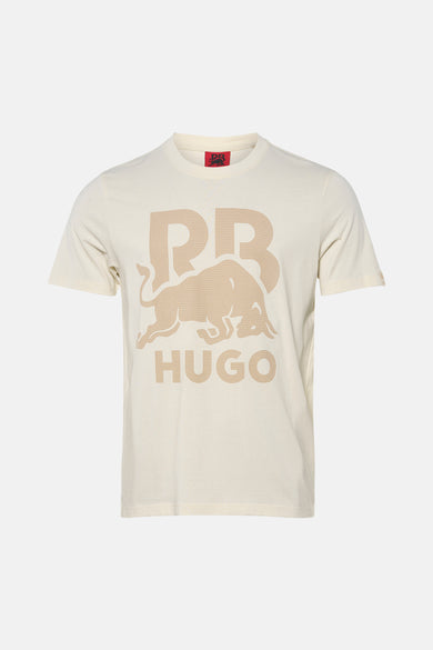 T-shirt écru à manches courtes de HUGO avec un imprimé graphique d'un taureau et du texte.