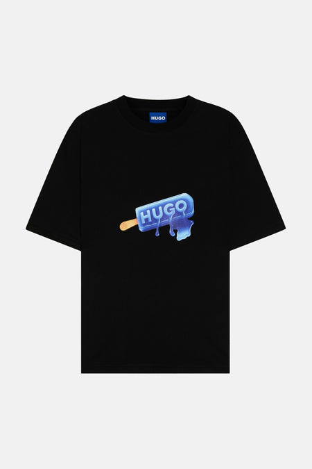 T-shirt noir de HUGO BLUE, avec un imprimé graphique d'un cornet de glace qui fond avec le logo HUGO.