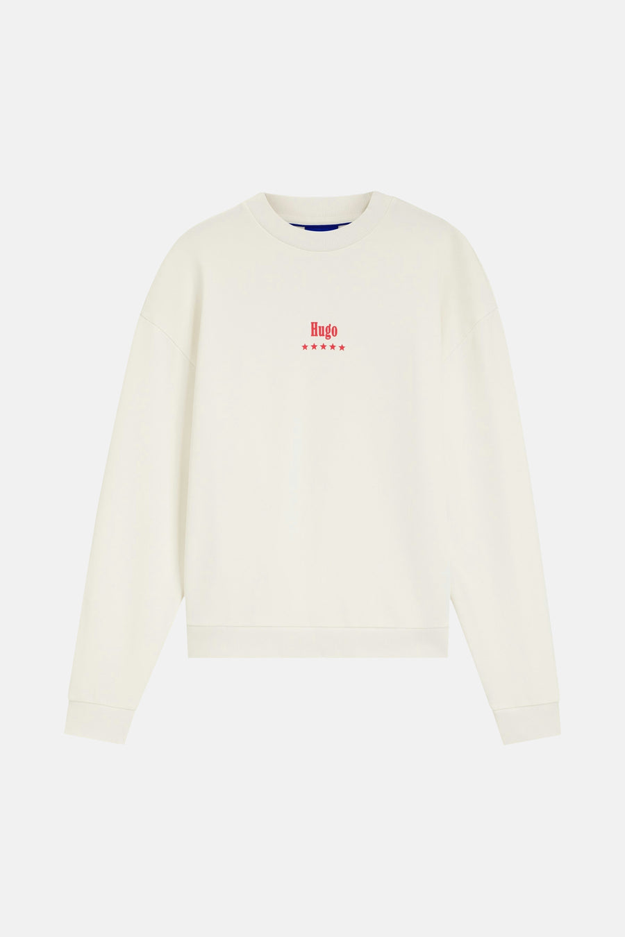 Witte sweater met ronde hals van HUGO BLUE, met een geborduurd logo en sterren in rood op de borst.
