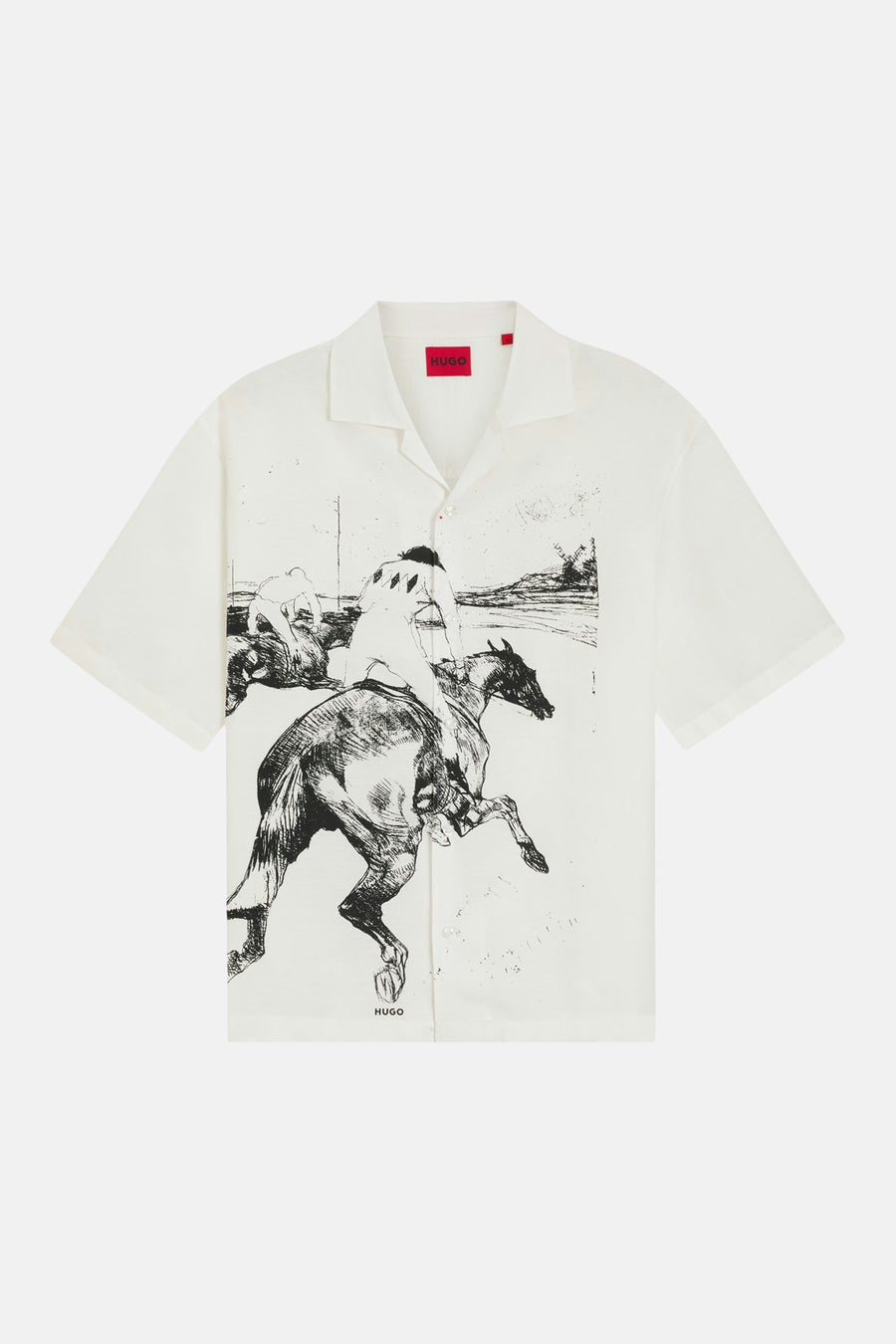 Chemise blanche à manches courtes de HUGO avec illustration noir et blanc d'une course de chevaux.