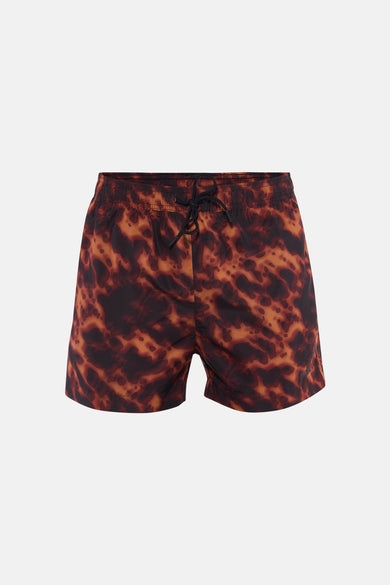 Multicolor zwemshort van HUGO met abstracte oranje-bruine vlekken en een zwarte trekkoord.