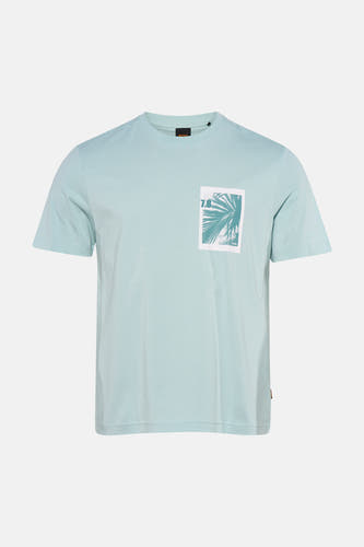T-shirt turquoise à manches courtes de HUGO BOSS ORANGE, avec un imprimé palmier sur la poitrine et '7.8'.