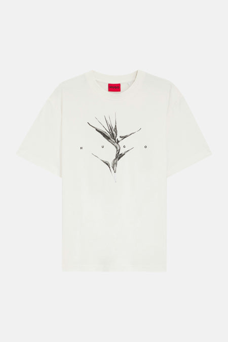 Witte korte mouw T-shirt van HUGO met zwart plantmotief en letters rond het ontwerp, front view