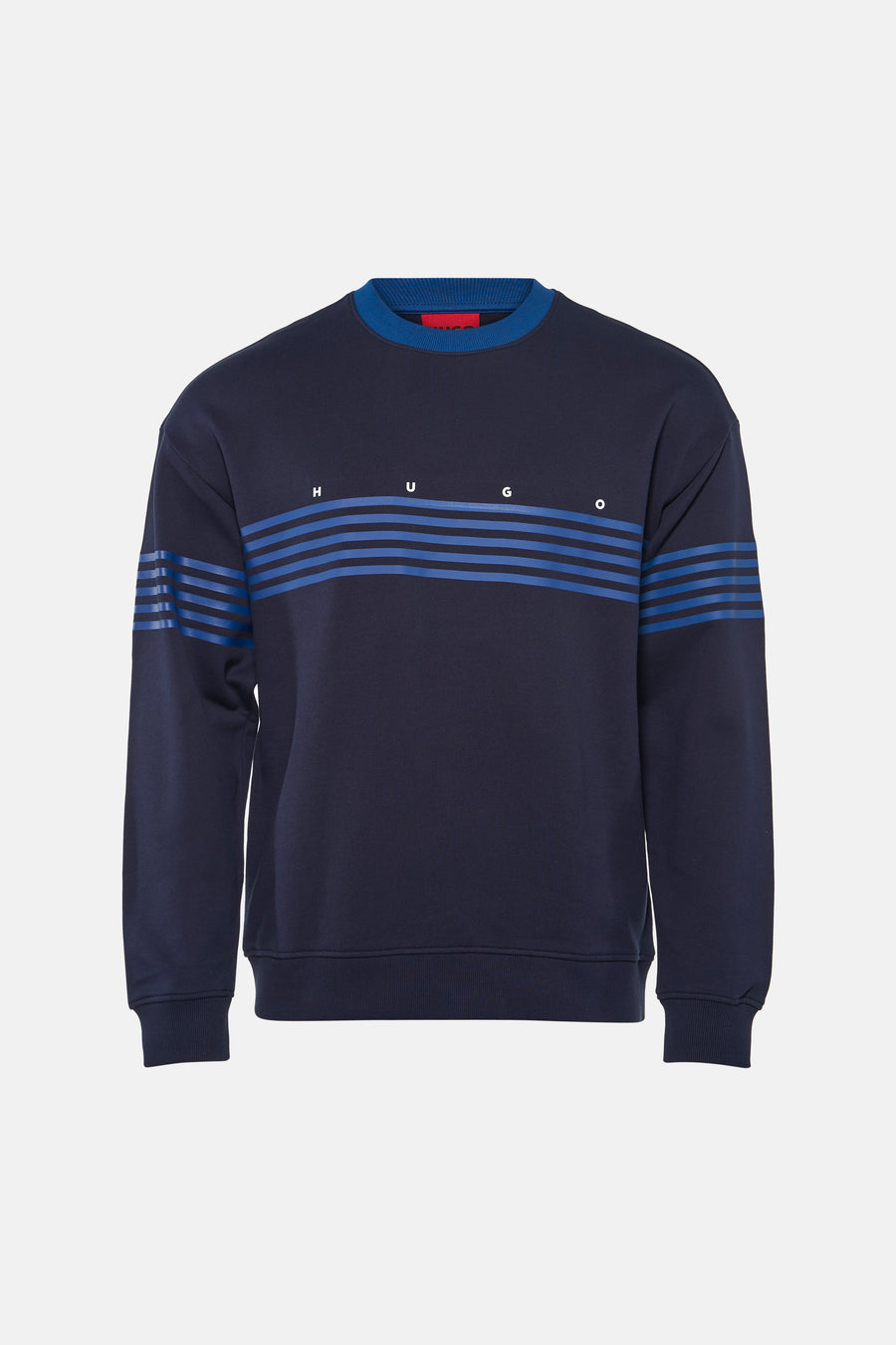 Donkerblauwe ronde hals sweater van HUGO met blauwe strepen en witte letters op borst, front view