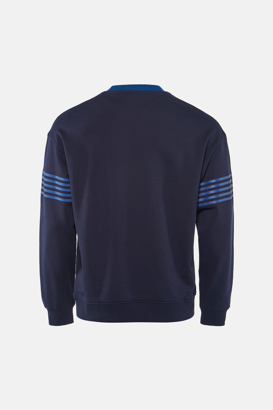 Donkerblauwe ronde hals sweater van HUGO met blauwe strepen aan de mouwen, achterzijde weergegeven