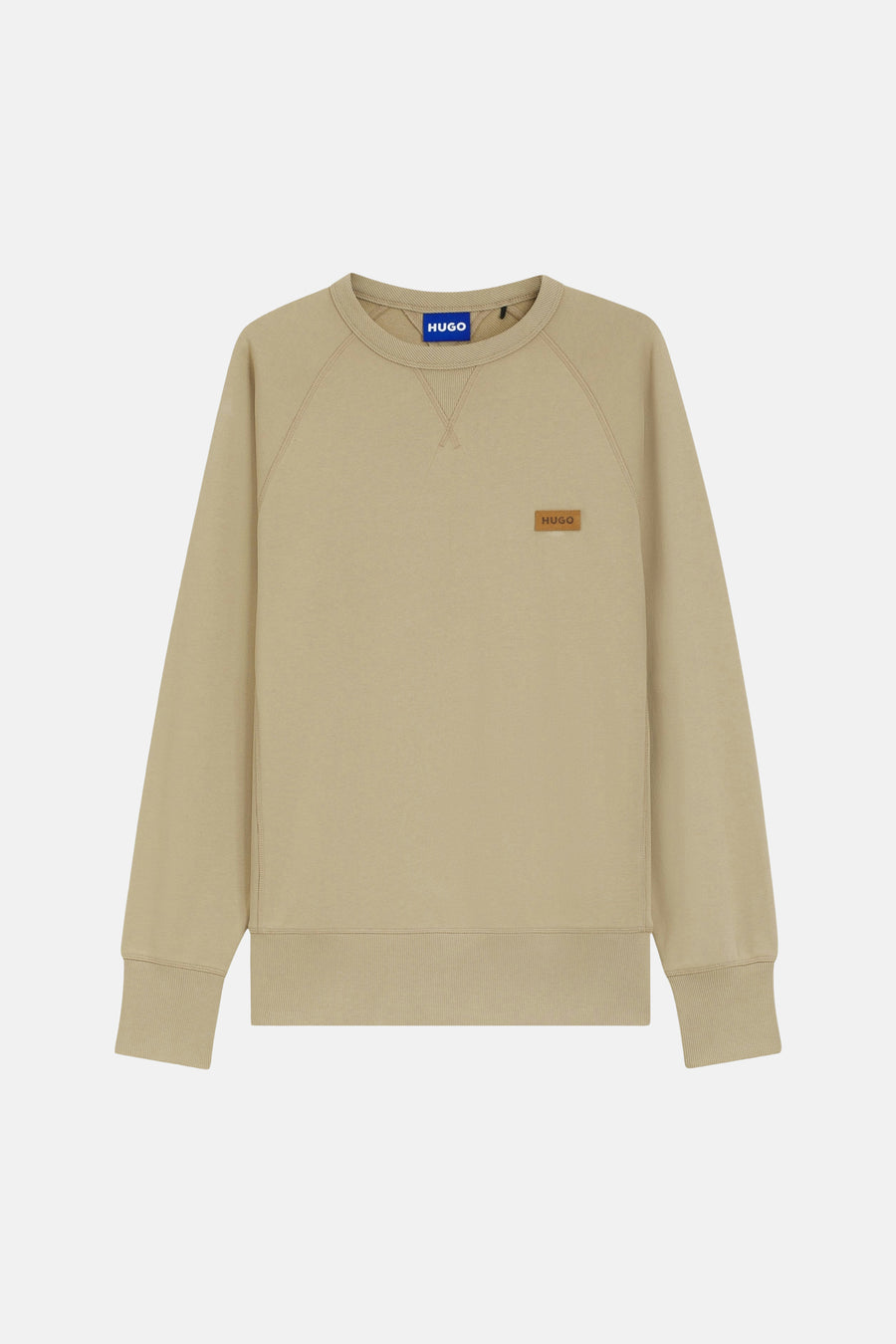 Beige ronde hals sweater van HUGO BLUE met klein logo op borst, ribboorden aan zoom en mouwen, front view