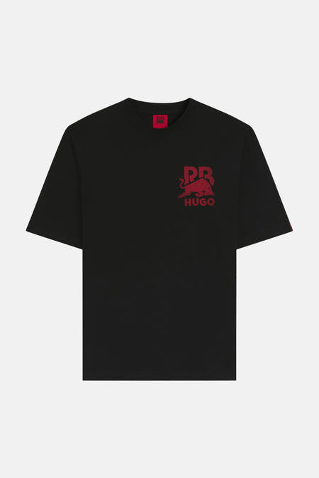 Zwart T-shirt met korte mouwen van HUGO, met rood logo op de borst en de mouw.