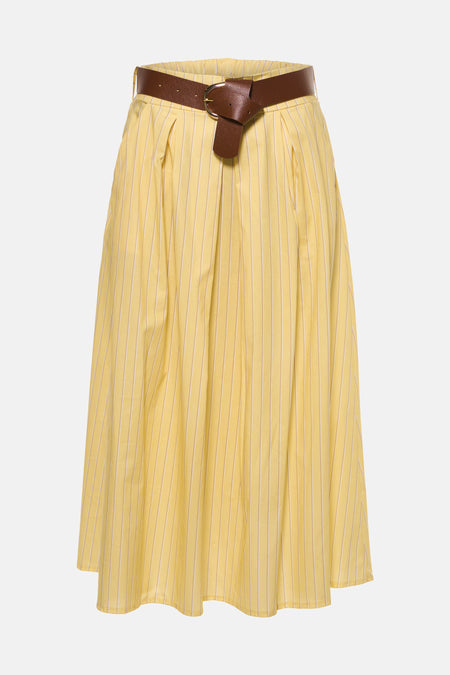 Gele gestreepte rok van Terra di Siena met plooien en een brede bruine riem.