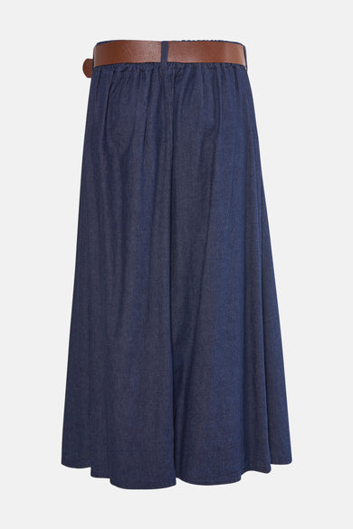 Jupe longue bleu marine en denim de Terra di Siena, avec ce cece et une bande élastique à la taille.
