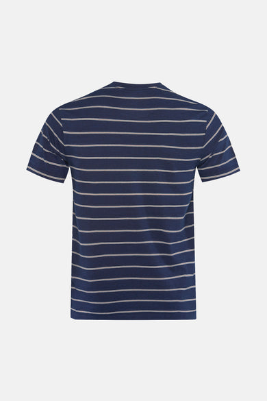 T-shirt bleu à manches courtes de Levi's®, avec un motif rayé sur un fond blanc.