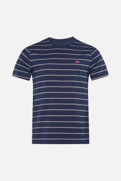 T-shirt bleu à manches courtes de Levi's, avec un motif rayé et un petit logo sur la poitrine.