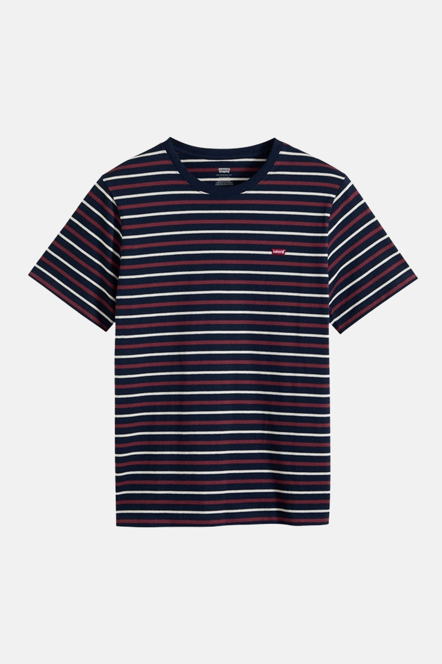 T-shirt bleu à manches courtes de Levi's®, avec un motif rayé rouge et blanc.