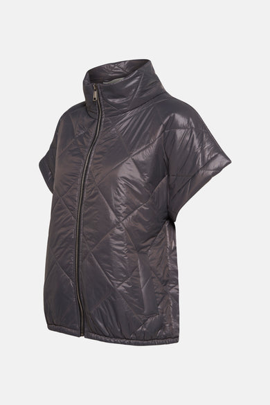 Manteau sans manches gris Terre de Sienne, avec un motif à carreaux brodé et une encolure haute.