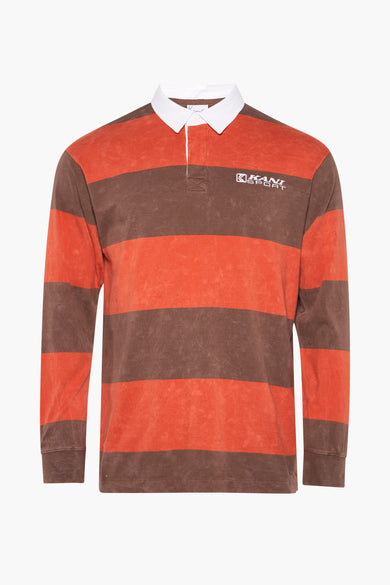 Rood gestreepte polo met lange mouwen van Karl Kani Sport, met witte kraag en knoopsluiting.