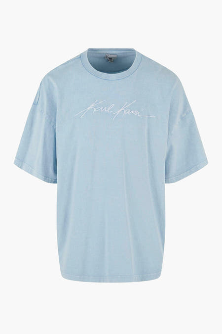 Blauw T-shirt met korte mouwen van Karl Kani, met geborduurd logo op de voorkant.

