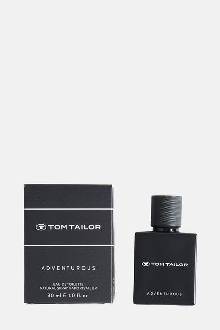 Eau de toilette noire de Tom Tailor, avec son emballage coordonné.