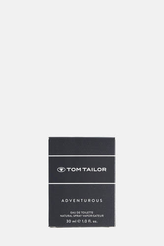 Parfum noir de Tom Tailor avec le texte 'Aventureux', 'Eau de Toilette' et 'Spray Vaporisateur Naturel'.