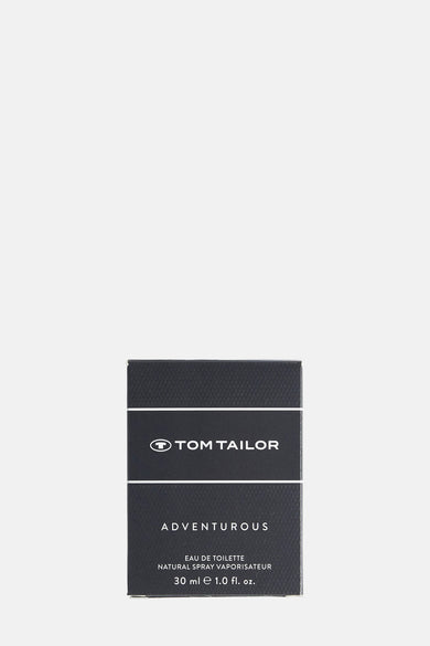 Parfum noir de Tom Tailor avec le texte 'Aventureux', 'Eau de Toilette' et 'Spray Vaporisateur Naturel'.