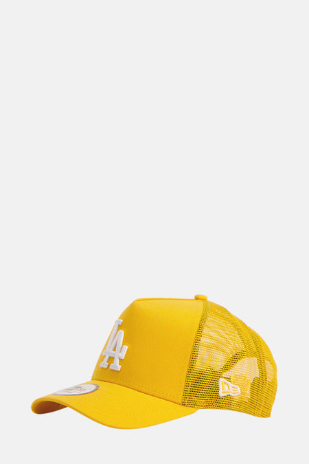Gele pet van New Era met witte Los Angeles Dodgers logo details en mesh achterkant.
