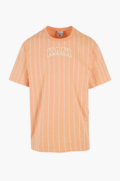 Oranje T-shirt met korte mouwen van Karl Kani, met witte verticale strepen en een KANI-logo.