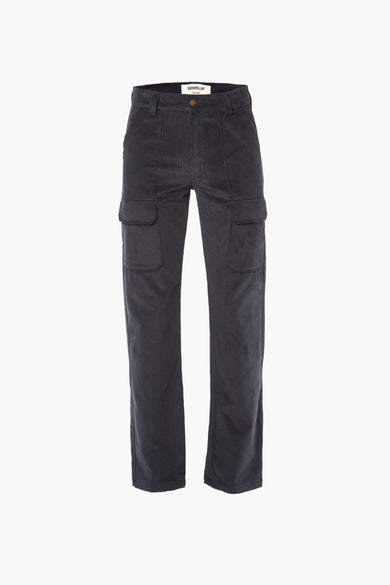 Blauwe cargobroek van CATERPILLAR met corduroy textuur en zakken op de pijpen.