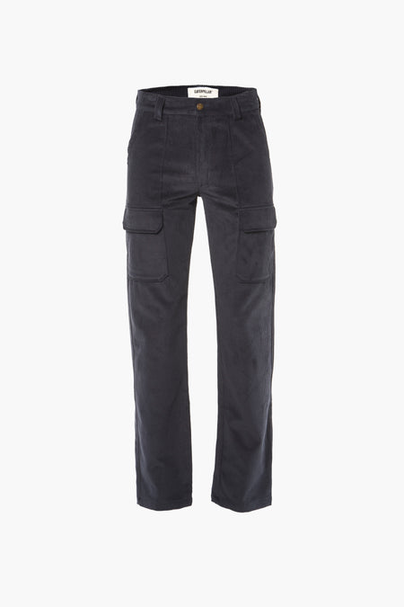 Blauwe cargobroek van CATERPILLAR met corduroy textuur en zakken op de pijpen.