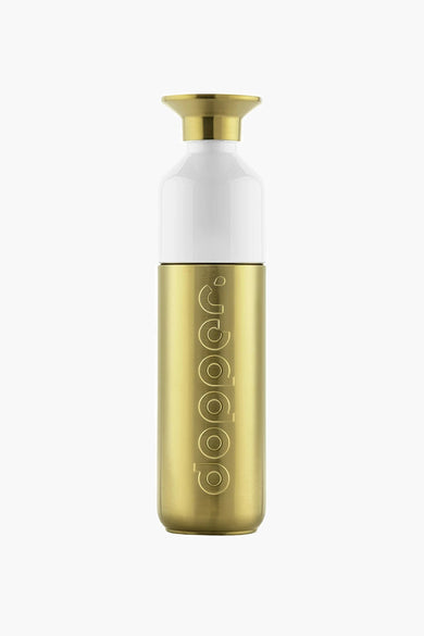 Bouteille à boire en or de DOPPER avec un haut blanc et le nom de la marque verticalement sur la bouteille.