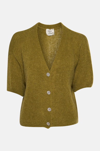 Groen vest van Terra di Siena met korte mouwen en sierknopen.
