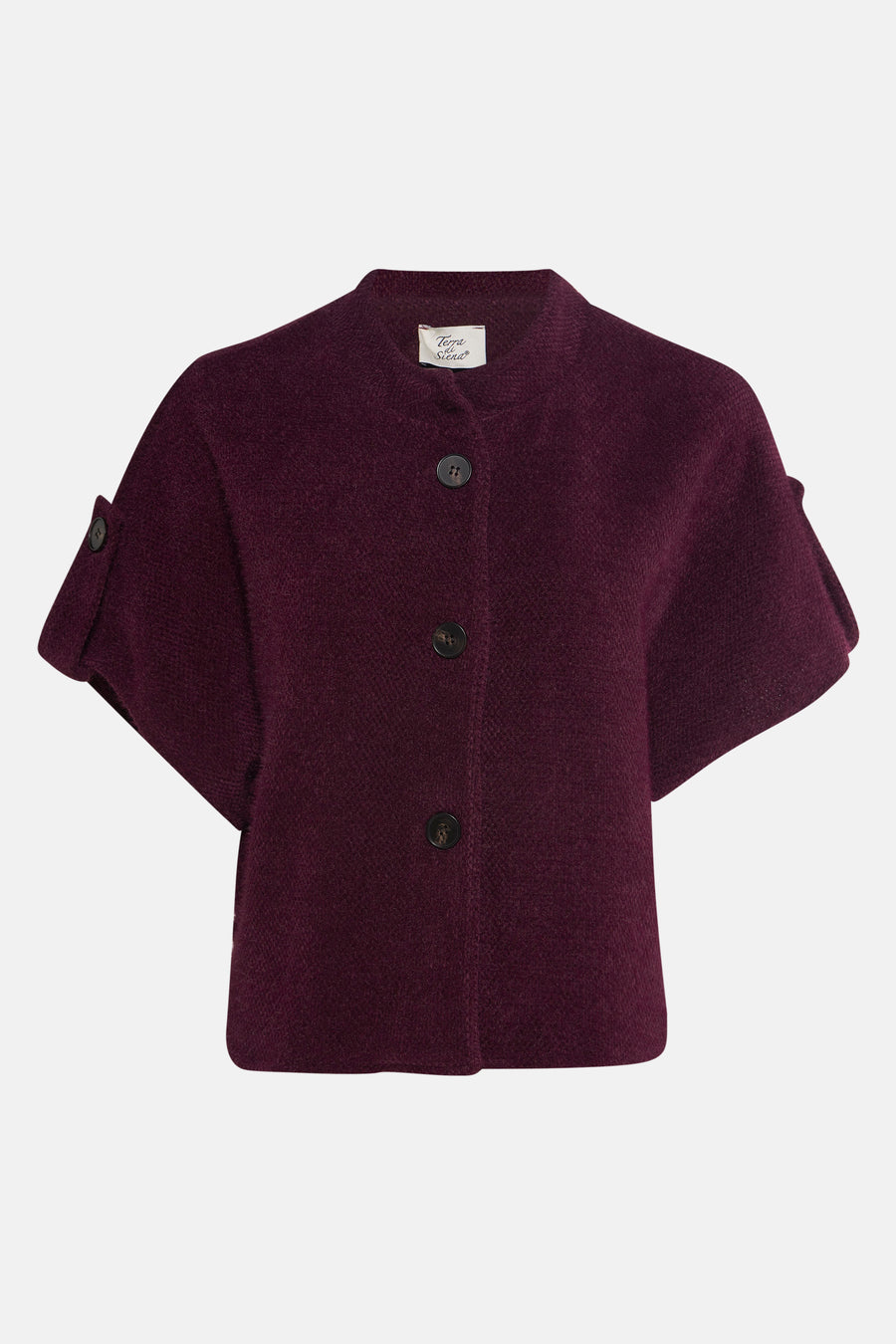 Bordeaux vest van Terra di Siena, met korte mouwen met knoopdetail en knoopsluiting.
