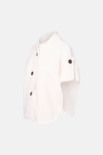 Cardigan écru de Terra di Siena, à manches courtes et fermeture boutonnée, en tissu bouclé doux.