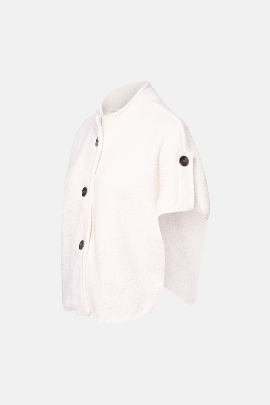 Cardigan écru de Terra di Siena, à manches courtes et fermeture boutonnée, en tissu bouclé doux.
