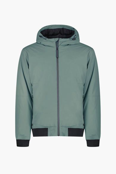 Groene korte jas van Cars Jeans met capuchon en zwarte details bij de manchetten en de zoom.
