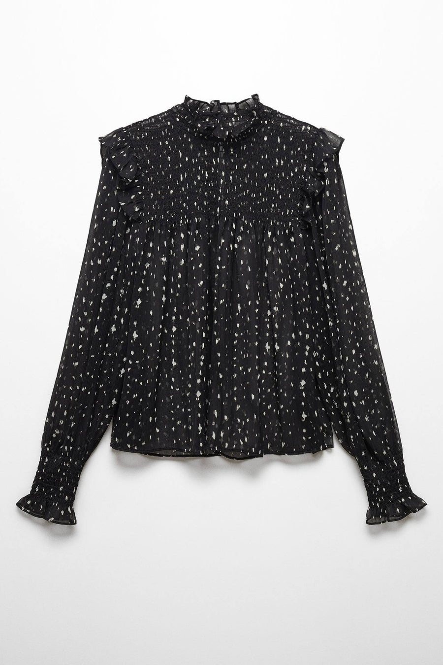 Blouse noire de MANGO avec des manches longues, des plis et un motif à points.