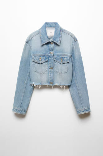 Jeansjas van middelblauw denim van MANGO, met zakken en een gerafelde zoom.